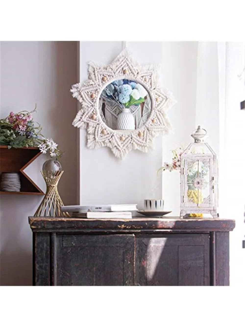 Boho Wall Decor Mirror Macrame Circle Hanging Mirror for Bedroom Living Room